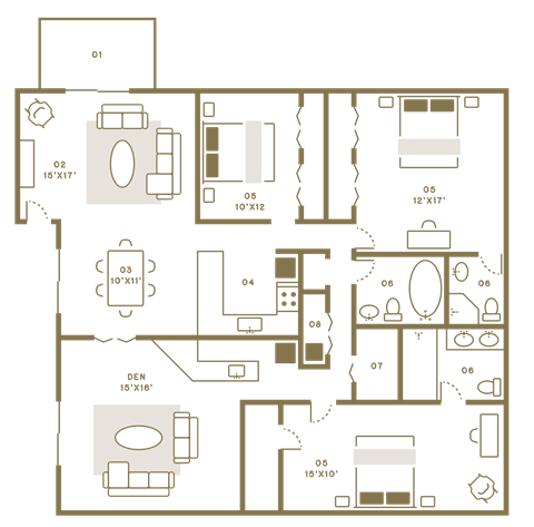 Floor plan for 3 beds, 2 baths, 1905 sqft